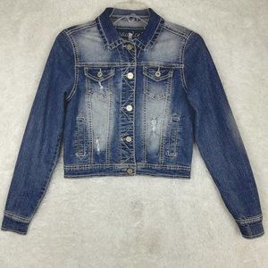 Maurices Womens Jean Jacket Denim Blue‎ Crop Button Front Distressed Pockets S